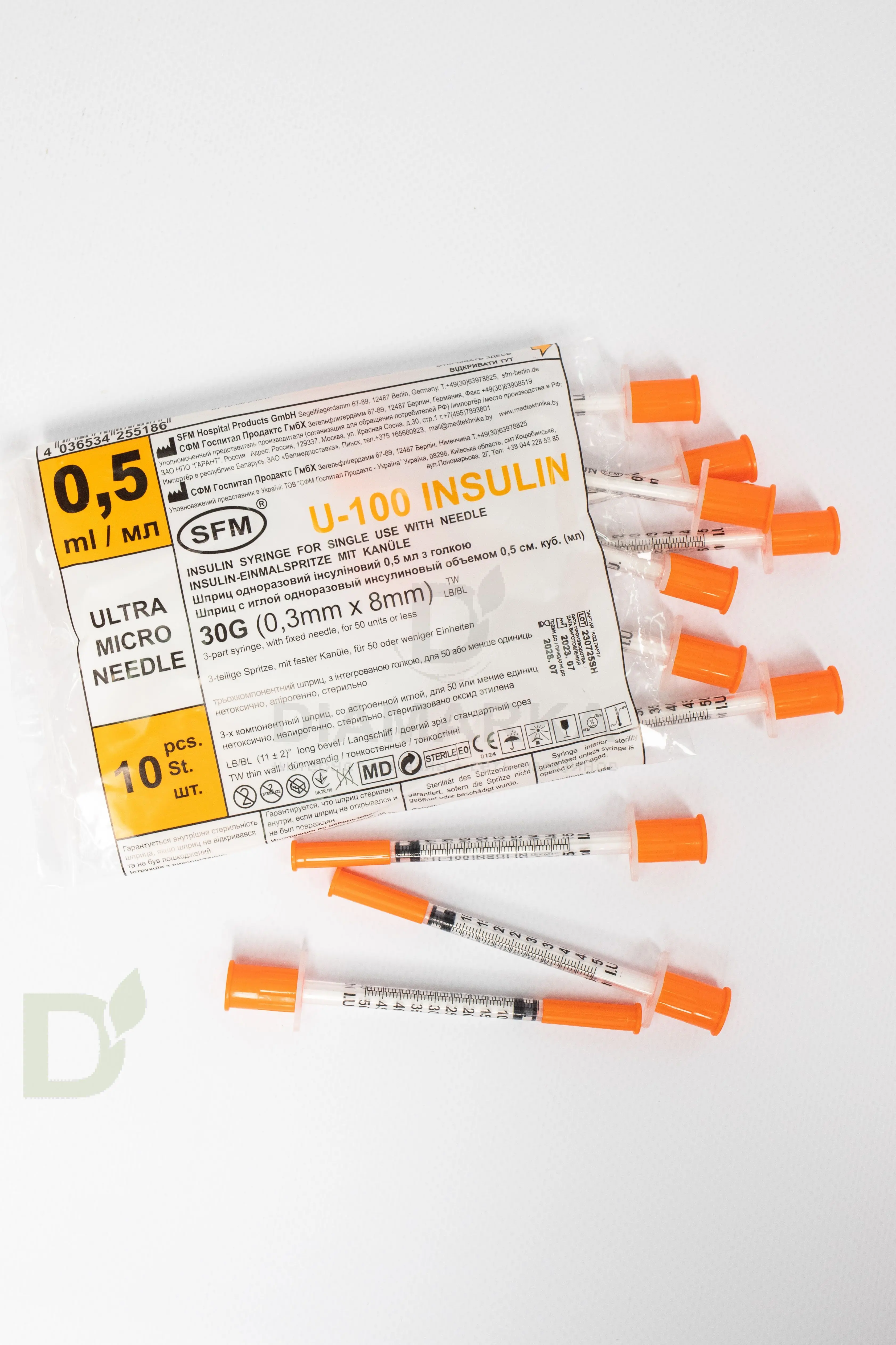 Шприцы инсулиновые с шагом 1/2 SFM 100МЕ/0,5МЛ с иглой 30G (0.30мм*8мм), аналог BD Микрофайн Плюс Деми, 10 шт