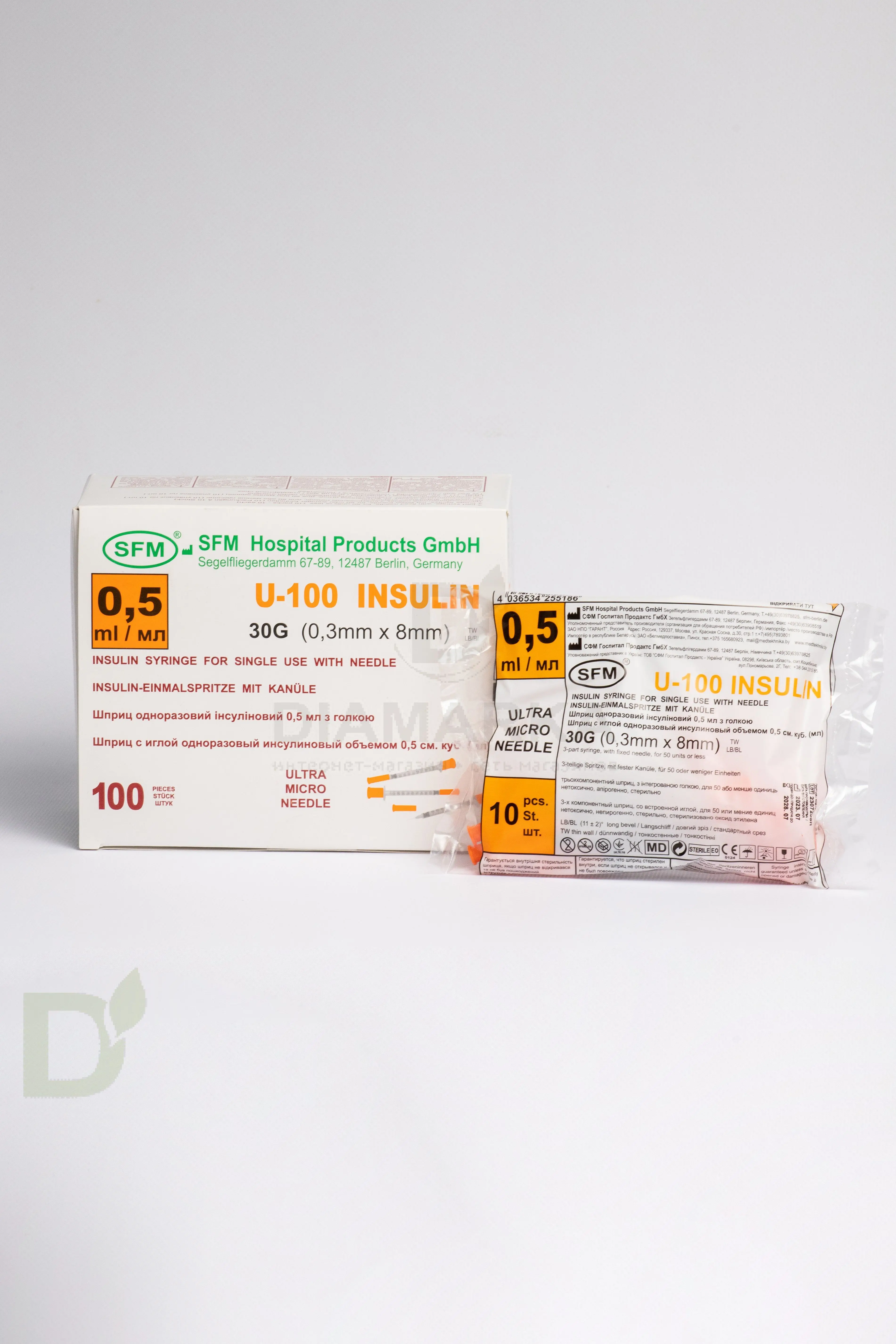 Шприцы инсулиновые с шагом 1/2 SFM 100МЕ/0,5МЛ с иглой 30G (0.30мм*8мм), аналог BD Микрофайн Плюс Деми, 10 шт
