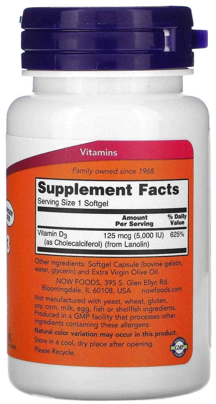 Витамины NOW Д-3 Поддержка иммунитета и метаболизма, 5000МЕ, 240 шт