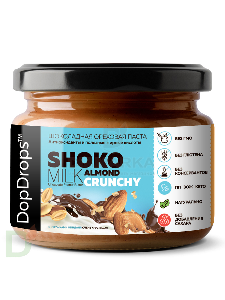 Паста шоколадно-арахисовая SHOKO Milk Crunchy DopDrops с лепестками миндаля без сахара, 250 гр.