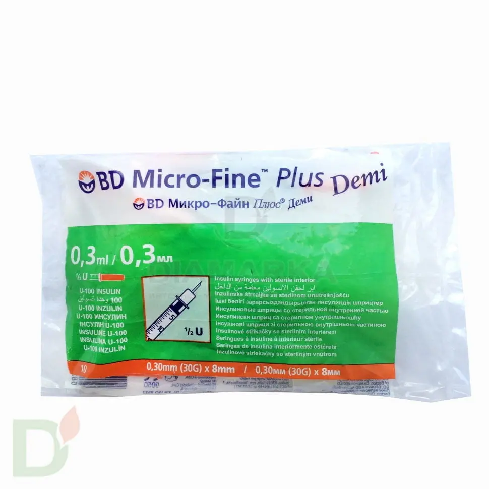 Шприцы инсулиновые Микро-Файн Плюс Деми / Micro-fine Plus Demi 100МЕ/0.3мл  с иглой 30G (0.30мм*8мм), 10 шт.