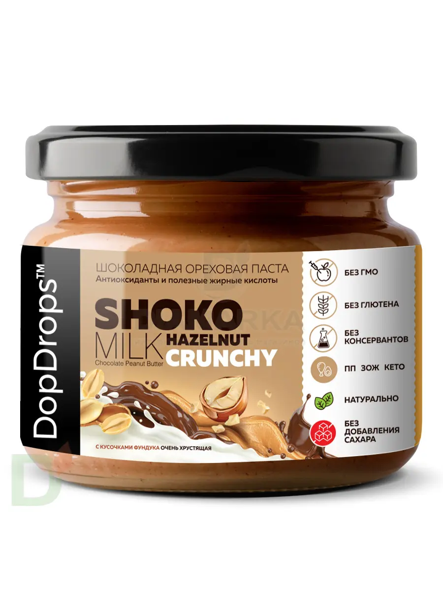 Паста шоколадно-арахисовая SHOKO Milk Crunchy DopDrops с лепестками миндаля  без сахара, 250 гр. купить в России, цена на сайте - ДиаМарка